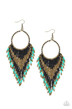 Load image into Gallery viewer, Paparazzi - Live Off The Badlands - Seed Bead Hoop Long Statement Black Earrings - Infused with black, brass, and turquoise seed beads, a colorful dream catcher frame swings from the ear for a seasonal look. Earring attaches to a standard fishhook fitting.