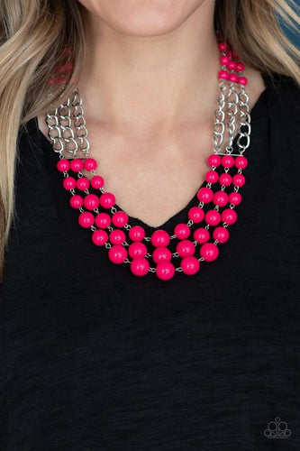 Paparazzi  - A-La-Vogue Pink - Necklace - Paparazzi Accessories - Sections of thick silver chains an bubbly ink beaded rows layer below the collar, creating statement- making layers.  Features an adjustable clasp closure.