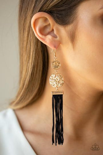 Paparazzi black tassel Earrings -black cording streams from the bottom of stacked hammered gold discs, creating a whimsical tassel.