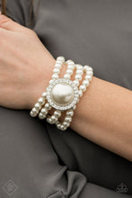 Load image into Gallery viewer, Pearl four tier bracelet with Pearl and Rhinestone  statement piece attached.   Sleek, classy, metallic designs that you’d find on the streets of New York.