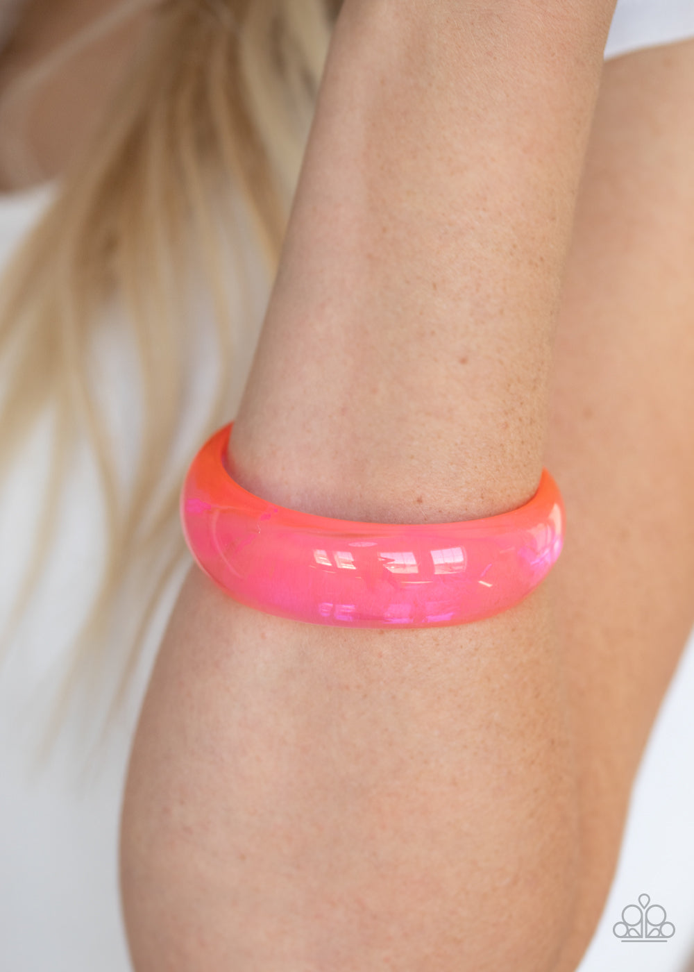 Paparazzi  - Major Material Girl - Pink Bracelet - Paparazzi Accessories - A neon pink acrylic bangle slides along the wrist for a colorfully retro flair. The shiny bangle gradually widens at the top for a fabulous finish.