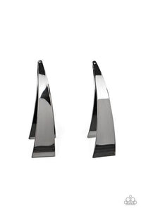 Two flat gunmetal triangular frames delicately stack and curl into an unexpectedly edgy half-hoop.