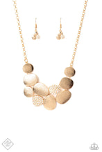 Load image into Gallery viewer, Papararazzi - A Hard LUXE Story - Gold Necklace - Paparazzi Accessories Etched linear textures or white rhinestones adorn each disc, offering a gorgeous collision of texture, gold, sheen, and sparkle. Features an adjustable clasp closure.