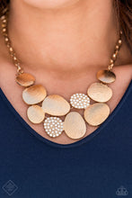 Load image into Gallery viewer, Papararazzi - A Hard LUXE Story - Gold Necklace - Paparazzi Accessories Etched linear textures or white rhinestones adorn each disc, offering a gorgeous collision of texture, gold, sheen, and sparkle. Features an adjustable clasp closure.