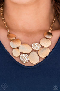 Papararazzi - A Hard LUXE Story - Gold Necklace - Paparazzi Accessories Etched linear textures or white rhinestones adorn each disc, offering a gorgeous collision of texture, gold, sheen, and sparkle. Features an adjustable clasp closure.