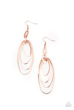 Load image into Gallery viewer, Increasing in size, shiny copper ovals ripple out from the bottom of interconnected flat shiny copper frames, creating a layered lure. Earring attaches to a standard fishhook fitting.