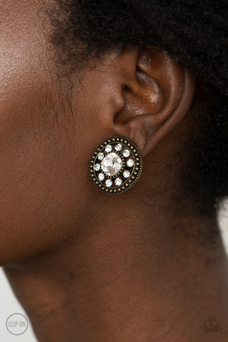 Paparazzi - Dazzling Definition - Brass Clip-On Earrings - Paparazzi Accessories