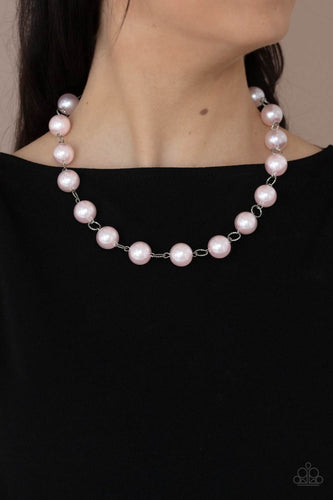 Paparazzi Ensconced in Elegance - Textured silver rings and over-sized pink pearls delicately link into a bubbly statement piece below the collar. Features an adjustable clasp closure. 