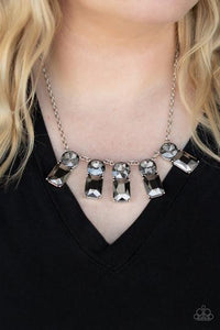 Celestial Royal Silver Necklace-classic pronged fittings, a dramatic collection of oversized smoky rhinestones and emerald cut hematite gems fan out below the collar for an outrageous sparkle. Features an adjustable clasp closure.  Fashion Fabulous Jewelry