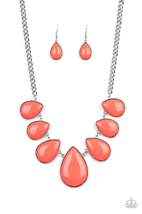 Drop Zone Orange Necklace - Paparazzi -shiny coral teardrop beaded frames link below the collar for a refreshing look. Features an adjustable clasp closure. Paparazzi jewelry is lead-free and nickel-free.