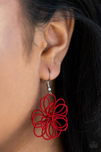 Paparazzi Midsummer Magic Red Flower Wire Earrings Brushed in a fiery red finish, intricate wires are shaped as petals and knotted in the center to create a small delicate silhouette of a daisy. 