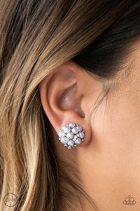 Par Pearl - Silver Rhinestone Clip-On Earrings- Paparazzi Accessories - Paparazzi Accessories