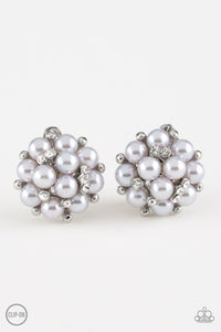 Par Pearl - Silver Rhinestone Clip-On Earrings- Paparazzi Accessories - Paparazzi Accessories