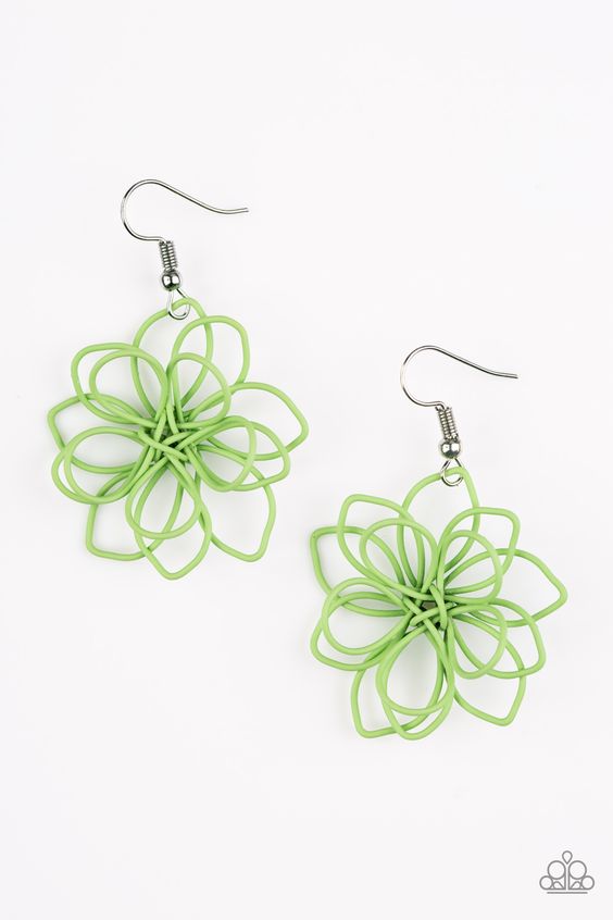 Brushed in a vivacious green finish, intricate wires are shaped as petals and knotted in the center to create a small delicate silhouette of a daisy. Earring attaches to a standard fishhook fitting. 