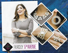 Load image into Gallery viewer, Pearl and Rhinestone set.  Necklace, Ring, Statement Pearl Hoop Earring, Bracelet and Ring. Sleek, classy, metallic designs that you’d find on the streets of New York.