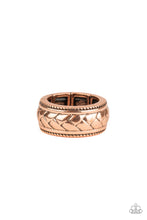 Load image into Gallery viewer, Field Artillery Copper Men&#39;s Ring - Brushed in an antiqued finish, a chevron-like pattern is embossed across the center of a textured copper band for a casual look. Features a stretchy band for a flexible fit.