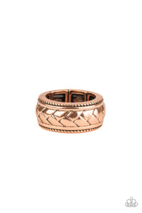 Field Artillery Copper Men's Ring - Brushed in an antiqued finish, a chevron-like pattern is embossed across the center of a textured copper band for a casual look. Features a stretchy band for a flexible fit.